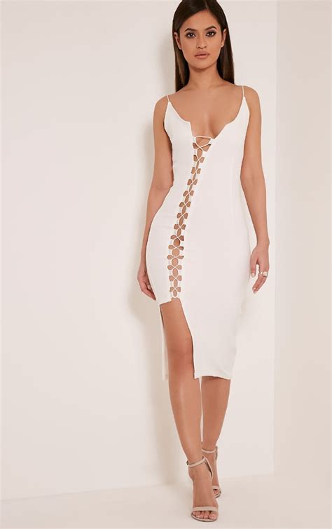 Lovina White Lace Up Bodycon Dress Dresses Prettylittlething Usa