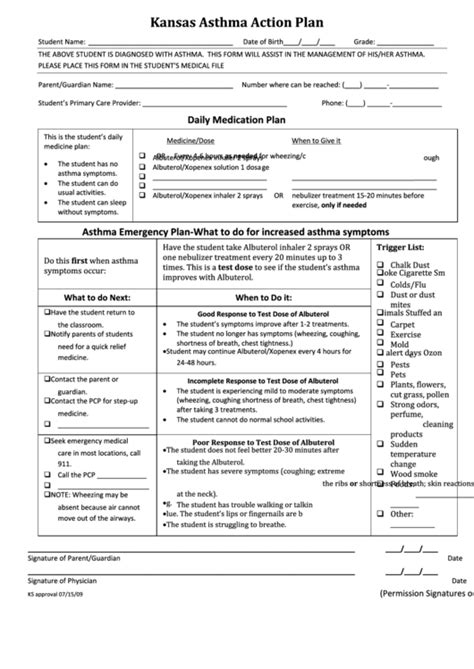 Free Printable Asthma Action Plan