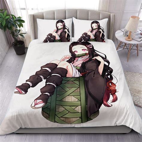 Demon Slayer Bed Set White Kamado Nezuko Anime Bedding Robinplacefabrics