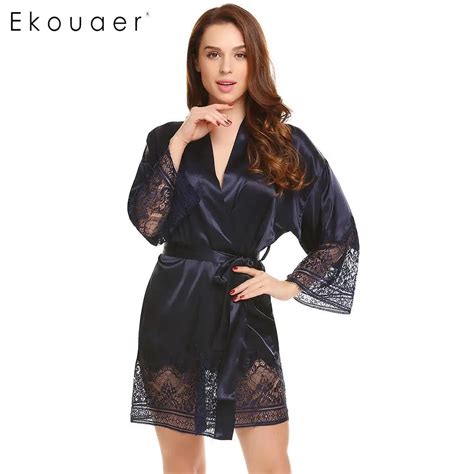 Ekouaer Kimono Robe Women Satin Nightwear Bathrobes V Neck Long Sleeve Lace Patchwork Bridesmaid