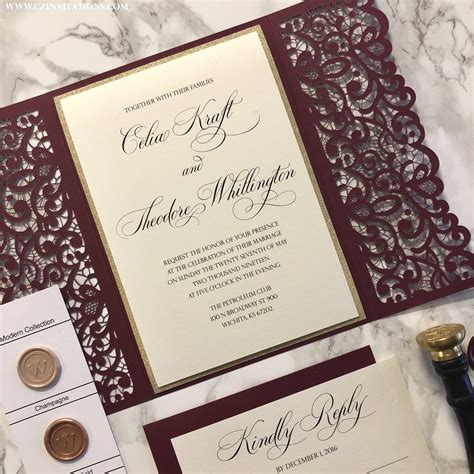 Burgundy Lace Laser Cut Gate Fold Wedding Invitation — Cz Invitations