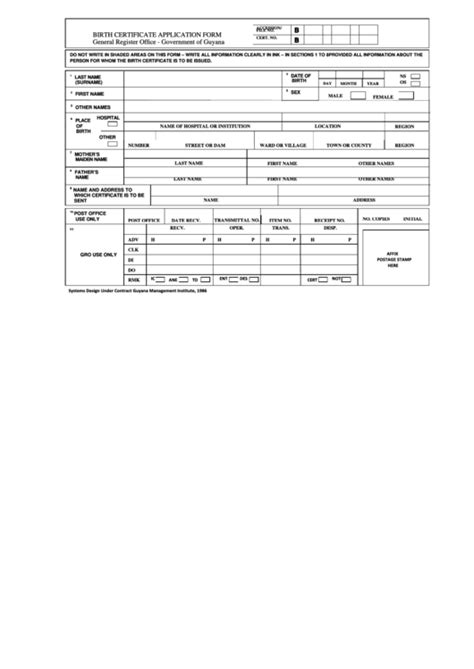 Birth Certificate Application Form General Register Office Government Of Guyana Printable