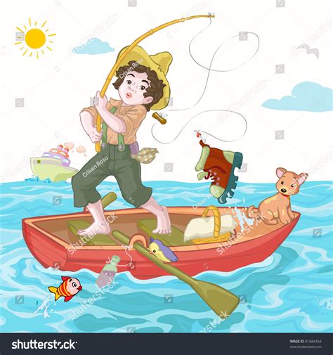 Vector Illustration Cute Boy Fishing Cartoon Stock Vector