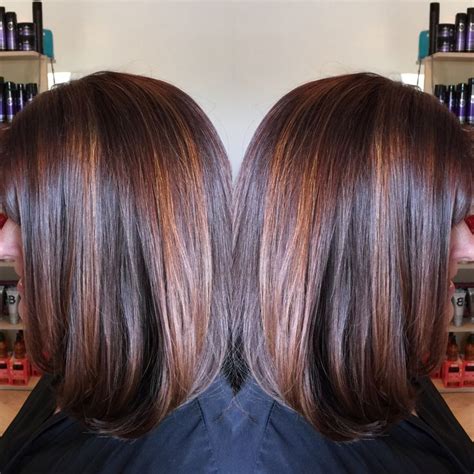 Dark Red Brown Base With Penny Copper Highlights Long Bob By Denise