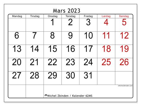 Kalender For Mars 2023 For Utskrift “62ms” Michel Zbinden No