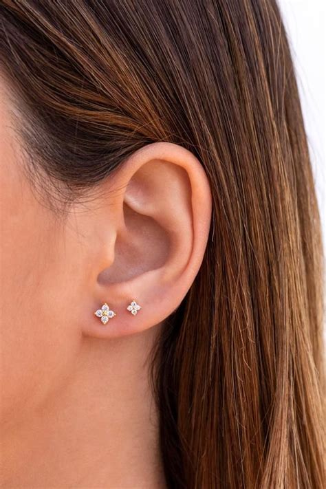 Tiny Dainty Flower Shaped 4 CZ Stud Earrings Etsy In 2020 Ear