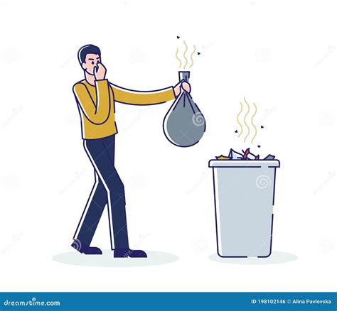 Man Holding Smelly Bag Of Waste Male Throwing Stinky Garbage In Trash