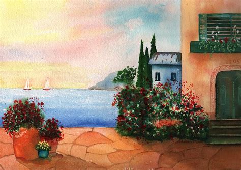 Italian Sunset Villa By The Sea Painting By Sharon Mick Fine Art America