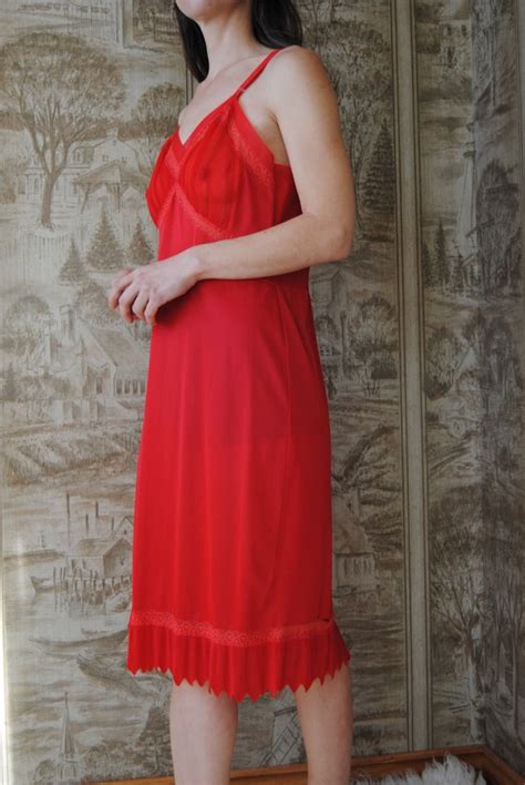 60s Red Slip With Lace And Micro Pleating Vintage See Through Etsy