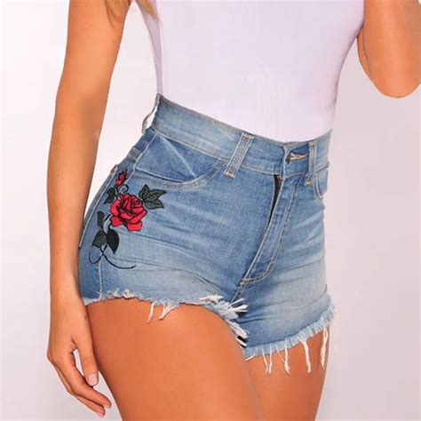 vintage floral embroidered shorts women rose flower embroidery shorts elastic high waisted denim