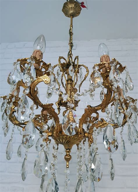 Antique Vintage 6 Arms Cast Brass And Crystals Cherub Chandelier Etsy