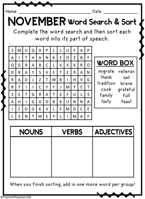 November Word Search And Parts Of Speech Sort Parts Of Speech