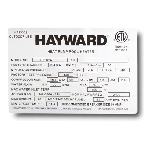 Hayward Heatpro Heat Pump 50000 Btu Hp50ta