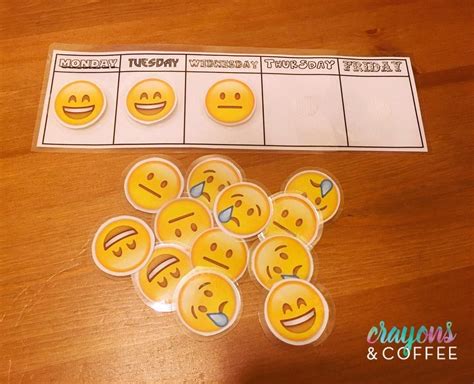 A Bunch Of Smiley Face Stickers Sitting On Top Of A Wooden Table
