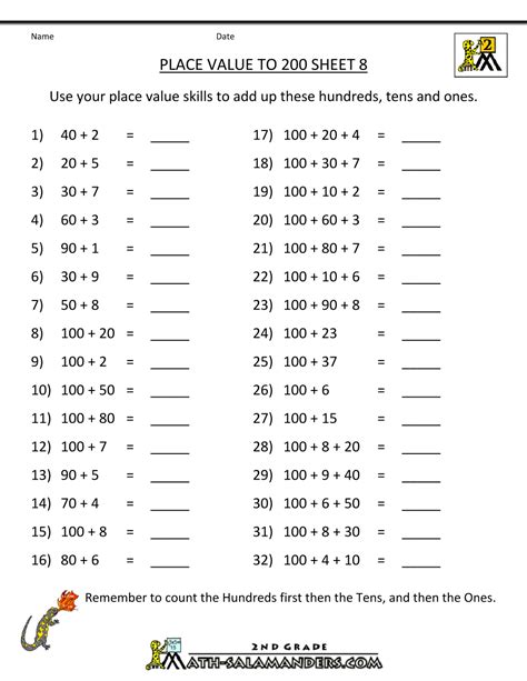 Place Value Worksheet Numbers To 200