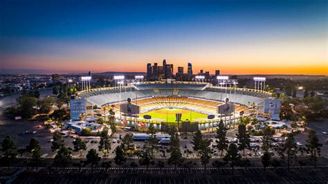 Los Angeles City Skyline With Dodger Stadium Stock Photo Download