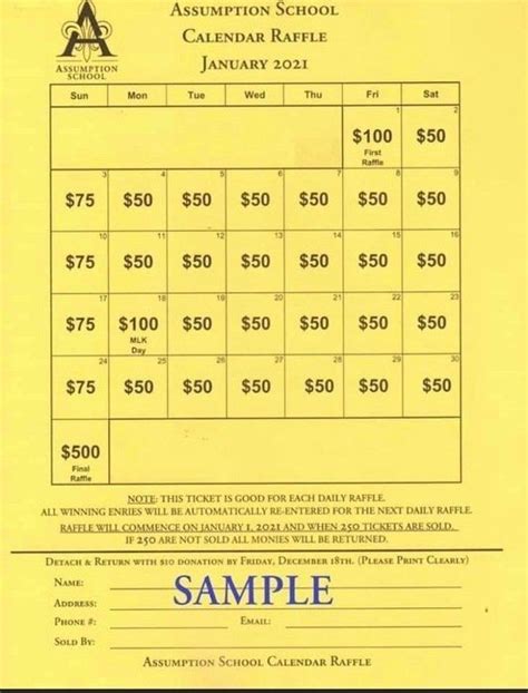 Sample Monthly Calendar Lottery Ticket Fundraiser Image Lottery