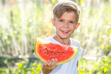 Funny Kid Eating Watermelon Outdoors — Stock Photo