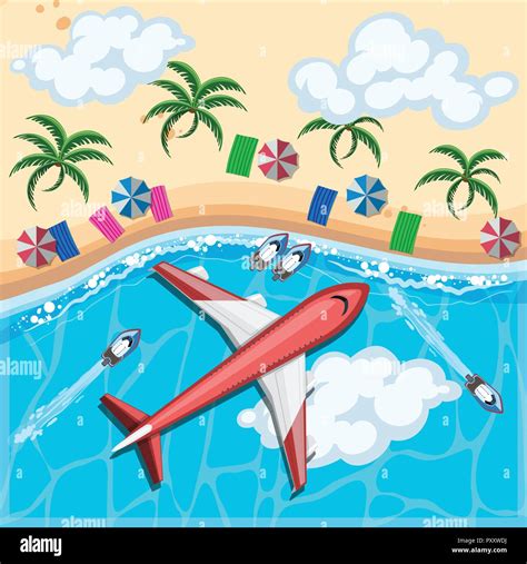 Aerial View Of Airplane Flying Over The Ocean Illustration Stock Vector