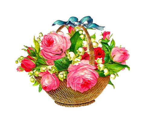 Antique Images Free Flower Basket Graphic Pink Roses And Lily Of The