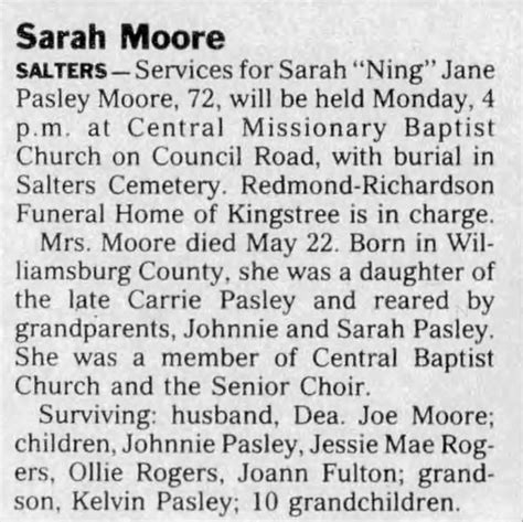 Obituary For Sarah Moore Salters Aged 72