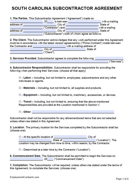 South Carolina Subcontractor Agreement Template Pdf Word