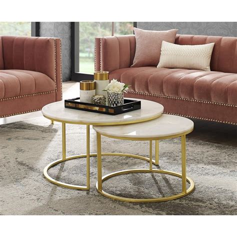 Inspired Home Marley 31 In Goldwhite Medium Round Stone Coffee Table