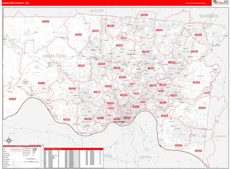 Hamilton County Oh Zip Code Wall Map Red Line Style By Marketmaps