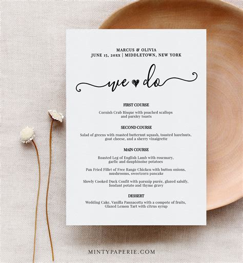 Wedding Menu Card Template We Do Printable Dinner Menu Heart Menu