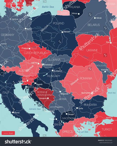 Eastern Europe Detailed Editable Map Regions เวกเตอร์สต็อก ปลอดค่า