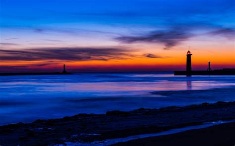 Free Download Usa Michigan Lake Beach Lighthouse Night Orange Sunset