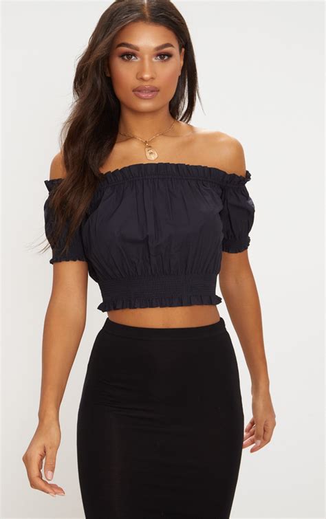Black Ruched Sleeve Bardot Crop Top Tops Prettylittlething Ca