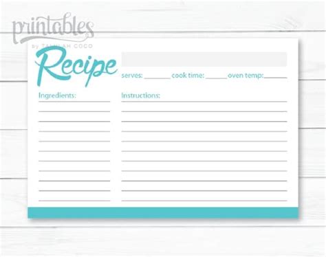 Editable Recipe Card Blue Green Printable 4x6 Recipe Cards