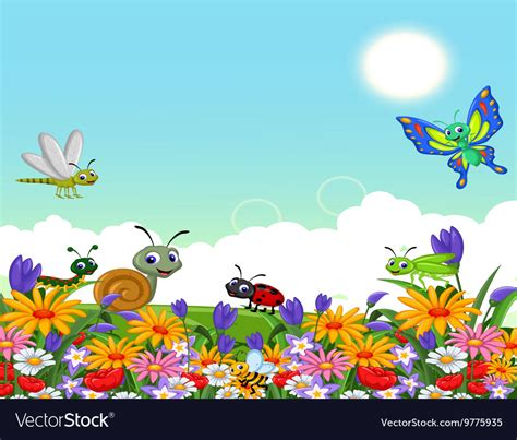 Cute Collection Of Insects In The Flower Garden Vector Image
