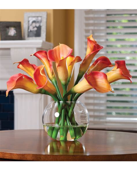 Orange artificial flowers in vase. Buy Calla Lily Silk Flower Centerpiece at Petals