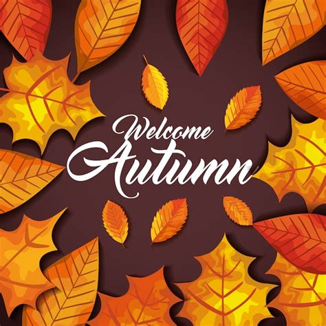 Free Vector Welcome Autumn With Leaves Greeting Card