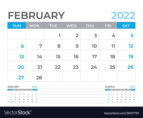 February 2022 Page Desk Calendar 2022 Template Vector Image