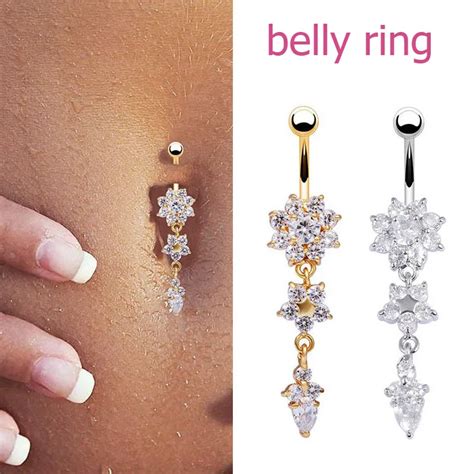 Fashion Rhinestone Navel Piercing Crystal Flower Dangle Bar Barbell Belly Button Rings Body