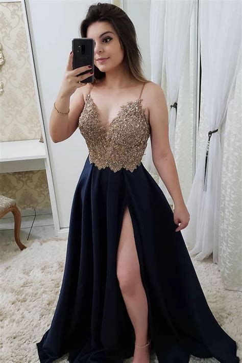 Dark Blue Sweetheart Lace Satin Long Prom Dress Blue Evening Dress