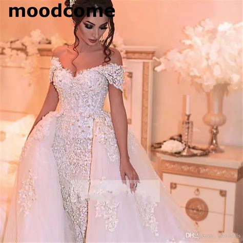 luxury arabic wedding dresses with detachable skirt appliques beaded pearls dubai wedding dress