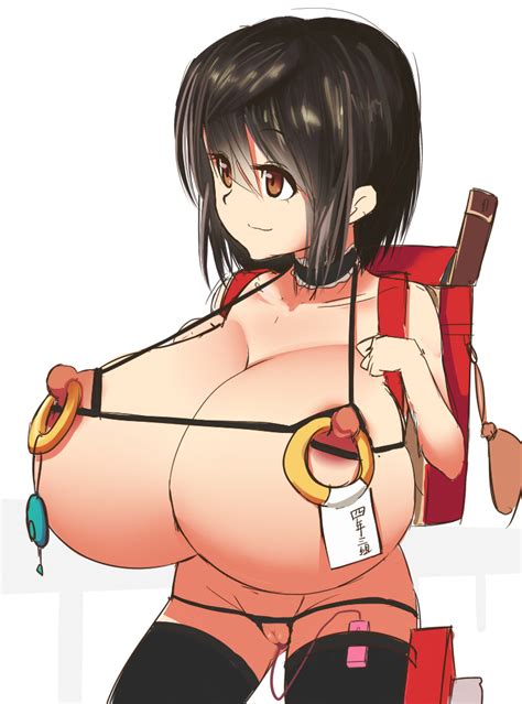 1girl Backpack Bag Black Hair Bra Breasts Brown Eyes