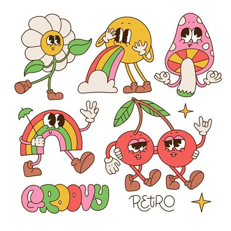 Fun Groovy Retro Clipart Characters Set S S S Vintage Cartoon
