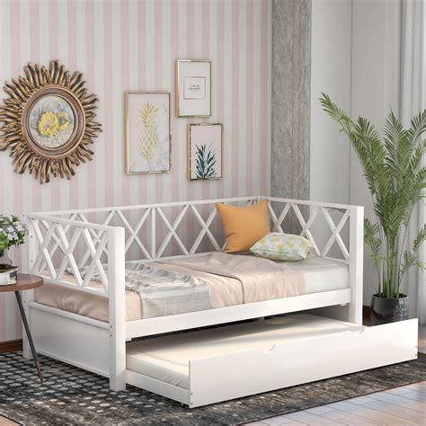 Twin Daybed Bed Frames, Solid Wood Twin Size Bed with Roll-Out Trundle