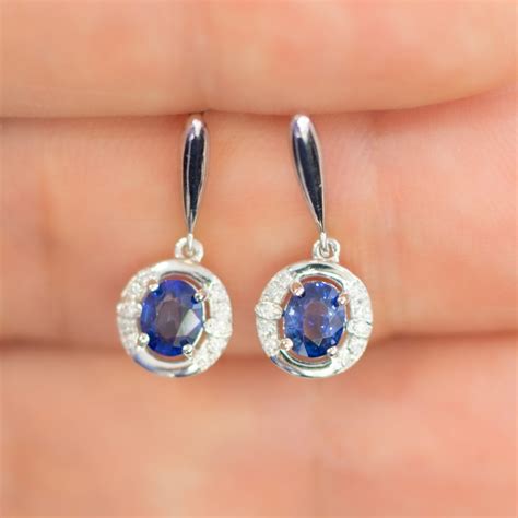 Natural Blue Sapphire And Diamond Drop Earrings In 18K White Gold