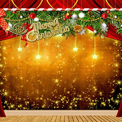 Merry Christmas Photography Backdrops Gold Stars Wooden Floor Green