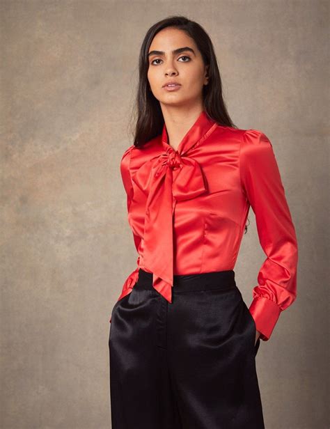 Satin Blouses Red Blouses Blouse And Skirt Bow Blouse Pencil Skirt Black Pencil Skirts