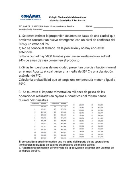 Examen De 1er Parcial Estadística Descriptiva Colegio Nacional De