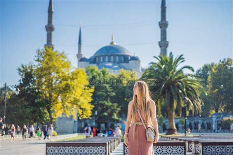 Woman Tourist Enjoying The View Blue Mosque Sultanahmet Camii Istanbul Turkey Stock Image