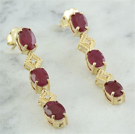 Ruby Dangle Earrings In K Yellow Gold Etsy