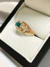 Antiek K Ros Gouden Ring Synthetisch Smaragd Gouden Dames Ringen